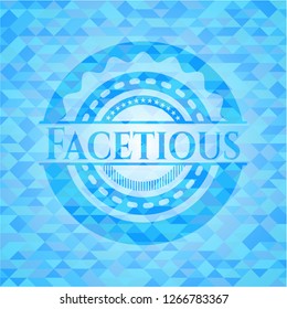Facetious light blue emblem. Mosaic background