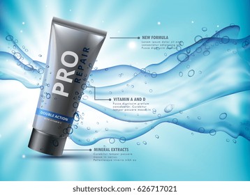 Facewash Advertising Concept Design With Water Splash Flowing In Background