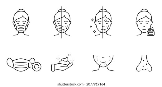 Facial Acne Line Icon. Woman With Maskne, Pimple, Blackhead Linear Pictogram. Skin Face Trouble And Facial Hygiene. Outline Icon. Editable Stroke. Isolated Vector Illustration.