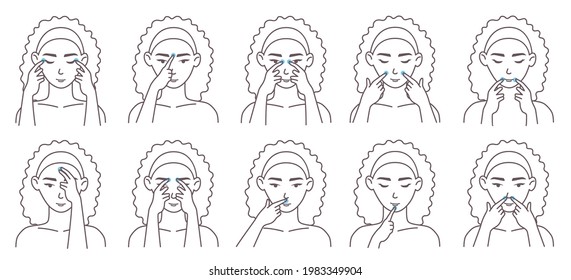 Facial Acupressure Massage Therapy Technique, Vector Illustration. Female Character Massaging Her Own Face Acupressure Points To Relax And Manage Chronic Pain. Chinese Medicine.