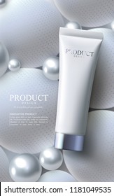 Facial Anti-wrinkle Cream Ads Poster Template. Cosmetics Premium Product. Cosmetic Packaging Mockup Design. White Cream Tube On Background Of Geometric Sphere Shapes. 3d Vector Illustration.