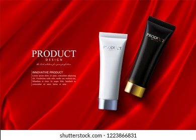 Facial anti-wrinkle cream ads poster template. Cosmetics premium product. Cosmetic packaging mockup design. White cream tube on red silk fabric background. 3d vector illustration.