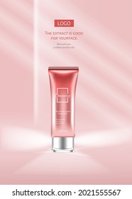 Facial Anti-wrinkle Cream Ads Poster Template. Cosmetics Premium Product. Cosmetic Packaging Mockup Design. White Cream Tube On Pink Color Studio Background . 3d Vector Illustration.