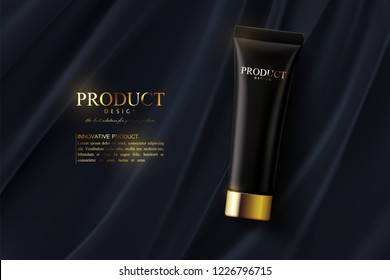 Facial anti-wrinkle cream or charcoal mask ads poster template. Cosmetics premium product. Packaging mockup design. Black cream tube on silk fabric background. 3d vector illustration.