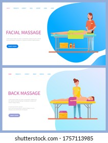 Facial and back massage services vector, masseuse and client. Woman and man under towel on table and salon workers, cream and lotion, online web page