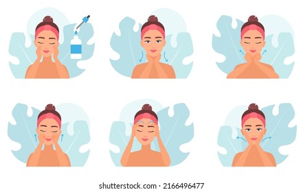 Facial beauty care, massage steps set vector illustration. Cartoon young woman moisturizing face with serum, touching and massaging skin along massage lines isolated white. Instruction concept