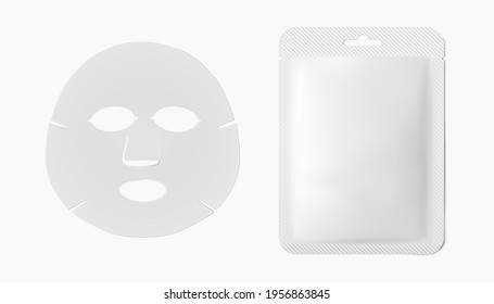 Facial beauty sheet mask and white plastic packaging sachet isolated on white background. Skincare product mockup 3d realistic vector illustration