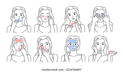 Cuidado facial de la piel de belleza, rutina saludable de la mujer joven, íconos de contorno de ilustración vectorial. Niñas dibujadas a mano limpias y la cara de humedad con procedimientos de masaje, tratamiento de desintoxicación, aplicar crema de cuidado de la piel