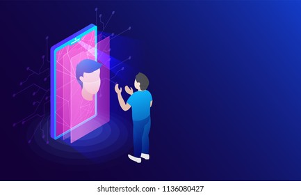 Análisis biométrico facial, identidad biométrica y aprobación. Futuro de seguridad y control de contraseñas a través de la identidad facial en un futuro de tecnología inmersivo y estilo cibernetico e isométrico de negocios. 