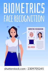 Sistema de reconocimiento biométrico facial. Cara hembra de exploración biométrica, tecnología de acceso de autenticación de usuarios. Ilustración vectorial de color de estilo plano para afiche para página web, banner