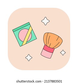 Facial Blush and brush icon. Cute cartoon vector graphic. Fancy doodle asian style illustration of Korean beauty cosmetic product stuff sign.
