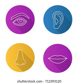 Facial body parts flat linear long shadow icons set. Eye, nose, ear, lips. Vector outline illustration