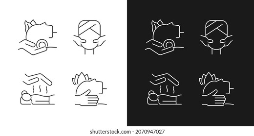 Facial and body treatments linear icons set for dark and light mode. Craniosacral therapy. PTSD treatment. Customizable thin line symbols. Isolated vector outline illustrations. Editable stroke