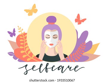 Facial care, cosmetic mask. Self Care concept. Skin care procedure. Facial treatment. Everyday beauty routine step. Dermatology, cosmetics, makeup. Isolated vector illustration