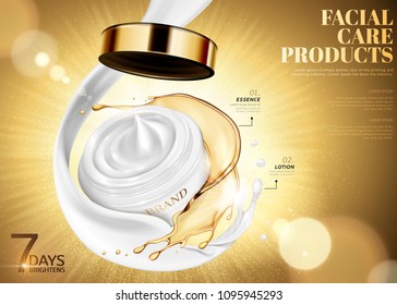 Facial care jar with swirling oil and cream on glowing golden background in 3d illustration Facial care jar with swirling oil and cream on glowing golden background in 3d illustration