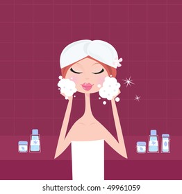 Facial care - facial mask peeling mask. Young woman applying facial peeling mask on her face. Beauty treatment and relaxation. Vector Illustration.