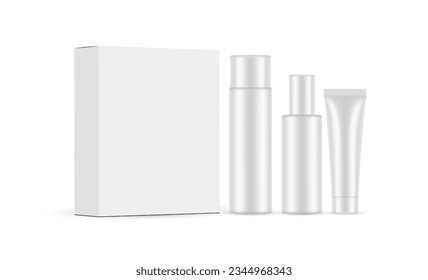 Facial Care Packaging Set. Box, Tube, Bottles, Isolated on White Background. Vector Illustration