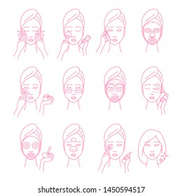 Facial Care Procedures Signs Thin Line Icon Set Include of Hygiene, Clean Mask, Cream and Scrub. Vector illustration of Icons