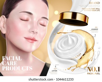 Facial care product ads, elegant model with lotion and essence combination product in 3d illustration, golden glitter background