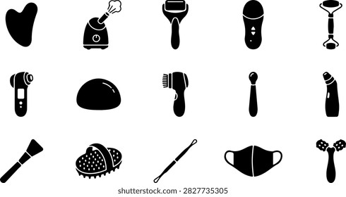 Facial care and skincare tools solid silhouette icon set for beauty and facial massage