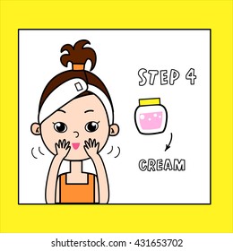 Facial care treatment cartoon young girl brown hair in orange t-shirt with scrunchy and towel step 4 cream lettering isolated on yellow background / vector eps 10