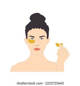 Facial care, woman with tied hair and gold patches under eye, holding patch in hand, vector isolated on white background..