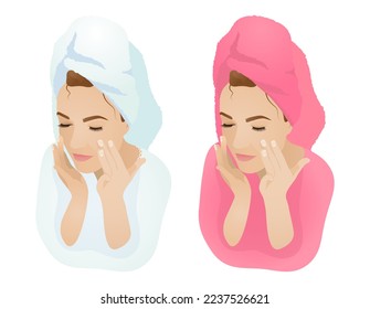 Facial care. A young beautiful brown-haired woman with a white and pink towel on her head smears a cream on her face. Set of isolated vector illustrations