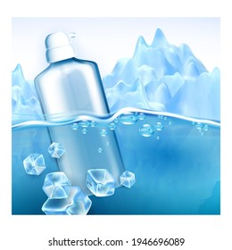 Facial Cleanser Micellar Water Promo Banner Vector. Face Cosmetic Blank Bottle In Water With Ice Cubes And Iceberg Advertising Marketing Poster. Color Concept Layout Realistic 3d Illustration