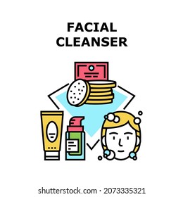 Facial Cleanser Vector Icon Concept. Facial Cleanser Accessories And Cosmetic For Cleaning And Smoothing Facial And Body Skin. Skincare Treatment And Moisturizing Cream Applying Color Illustration
