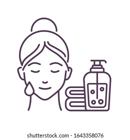 Facial cleansing black line icon. Young female and soap and towel. Skin care. SPA, Cosmetic procedures. Pictogram for web page, mobile app, promo. UI UX GUI design element. Editable stroke.