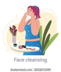 Facial cleansing concept. Woman stands in bathroom and applies cleansing cream to skin. Removal of dirt, sebum and blackheads. Cartoon modern flat vector illustration isolated on white background