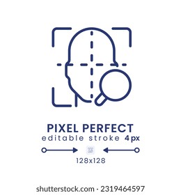 Facial coding linear desktop icon. Face recognition. Measuring human emotions. Pixel perfect 128x128, outline 4px. GUI, UX design. Isolated user interface element for website. Editable stroke