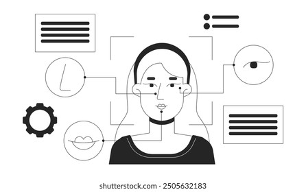 Tecnología de codificación facial concepto de ilustración 2D en blanco y negro. Identificando la nariz, la boca, los ojos de la mujer caucásica esbozan el carácter aislado. Arte vectorial monocromático de metáfora de seguridad biométrica facial