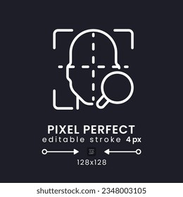 Facial coding white linear desktop icon on black. Face recognition. Measuring human emotions. Pixel perfect 128x128, outline 4px. Isolated user interface symbol for dark theme. Editable stroke