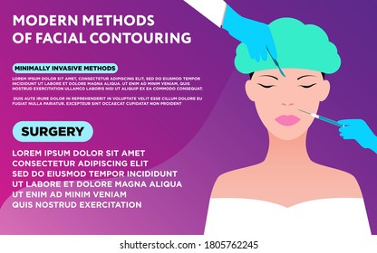 Facial Contouring Medicine Poster Template With Sample Text Hands In Surgical Gloves With Scalpel And Syringe And Woman Doing Facial Lifting Vector Illustration With Bright Gradient Backdrop