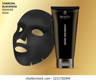 Facial cosmetic charcoal blackhead remover mask with tube. Realistic vector illustration. Package design for face mask isolated on grey background.