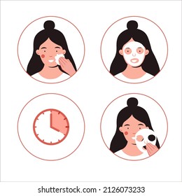 Facial cosmetic mask. How to apply. Skin Care Routine, Hygiene and Moisturizing Concept. Girl take care about her face. Instructions for facial care. Flat vector Cartoon Illustration and Icons set.