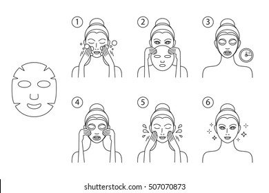 Facial cosmetic mask. How to apply. Young woman doing mudpack on her face, vector illustration