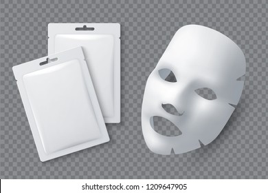 Facial cosmetic mask. Moisturising cotton sheet for woman beauty. White face cleansing mask and package realistic 3d vector mockup