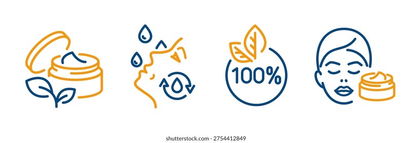 facial cosmetics icon set, outline icons of 100% organic product, hydration skin, cream for face skin, editable web symbols