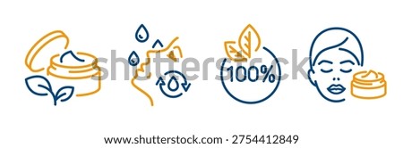 facial cosmetics icon set, outline icons of 100% organic product, hydration skin, cream for face skin, editable web symbols