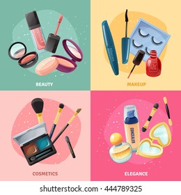 Facial cosmetics make-up beauty case accessories 4 realistic icons square with lipstick and eye shadows isolated vector illustration  