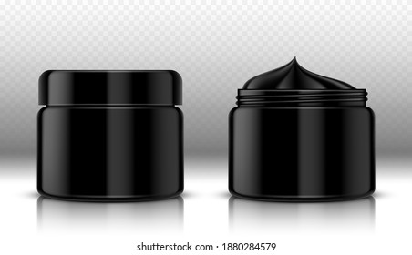 Facial cream or charcoal mask. Cosmetics packaging mockup design. Black cosmetic containers on transparent background.