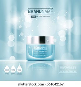 Facial cream glass jar realistic vector illustration isolated on blue bokeh background. Cosmetic ad mock up template for sale poster design