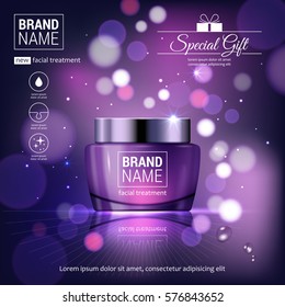 Facial cream glass jar realistic vector illustration isolated on purple bokeh background. Cosmetic ad mock up template for sale poster design