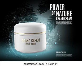 Facial cream glass jar realistic vector illustration isolated on purple bokeh background. Cosmetic ad mock up template for sale poster design
