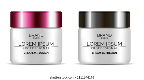 Facial cream jar ads. Vector illustration of round Cosmetic packaging set with lid for face or body care product: cream, moisturizer, powder,  butter.