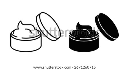 facial cream jar icon set in flat and line vector. Facial cream box sign. Skin care pictogram. Moisturizer container symbol vectors graphic for ui designs.