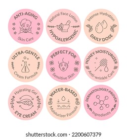 Facial Cream Sticker Set, Icon Tag Design. Anti Aging Skin Care, Hypoallergenic Natural Face Lotion Label For Package, Vector Illustration. Ultra Gentle Cream Formula, Hydrating Gel