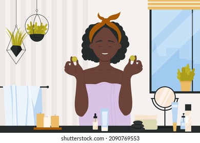 Rutina diaria facial para la ilustración del vector cutáneo. Caricatura de una chica con toalla haciendo cosméticos de spa procedimiento de cuidado de la piel con productos naturales, personaje femenino feliz sosteniendo rodajas de pepino en las manos
